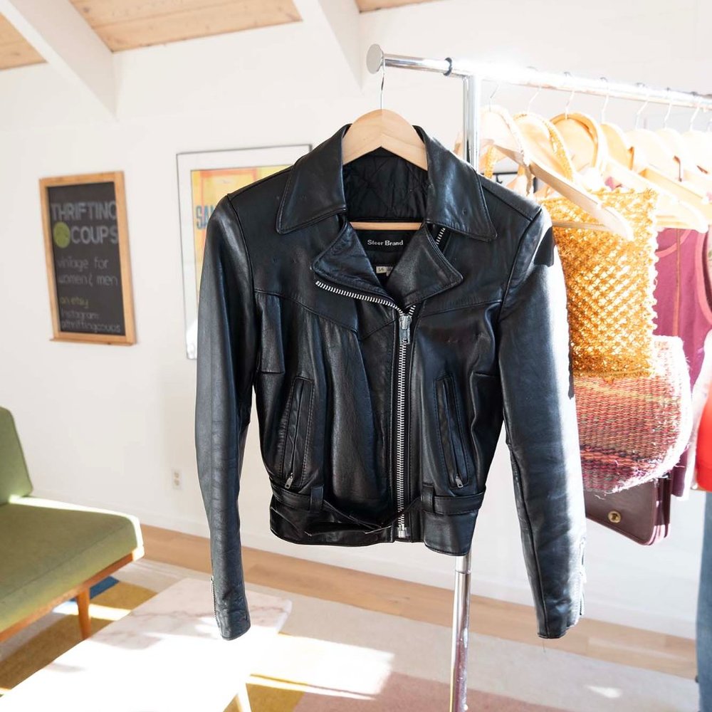 Vintage Steer Brand Black Leather Cropped Cinched Waist Motorcycle Jacket XS